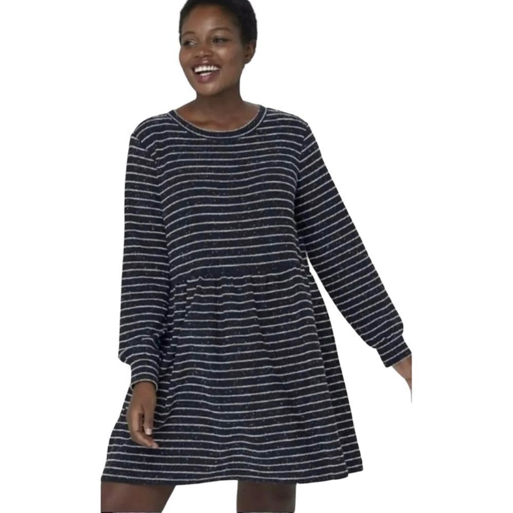 ANN TAYLOR LOFT Navy Blue & White Striped Long Sleeve Drop Waist Dress | Small
